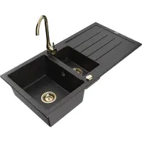 Mexen Andres granieten spoelbak 1,5-kamer met afdruiprek en keukenkraan Telma, zwart/zilver - 6515-73-670200-50