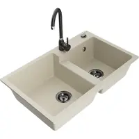 Mexen Tomas granieten spoelbak 2-kamer met keukenmengkraan Telma, beige - 6516-69-670200-70