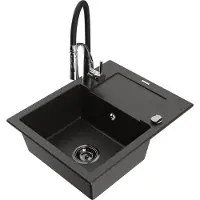 Mexen Enzo granieten gootsteen 1-komor met afdruiprek en keukenmengkraan Aster, zwart/gouden metallic - 6506-75-73450-07-B