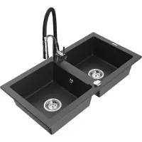 Mexen Mario granieten spoelbak 2-kamers met keukenmengkraan Aster, zwart gespikkeld - 6504-76-73450-07
