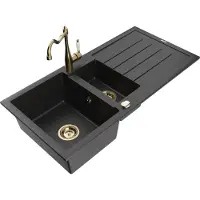Mexen Andres granieten gootsteen 1,5-kamer met afdruiprek en keukenkraan Carla, zwart/zilver - 6515-73-670700-50