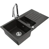 Mexen Matias granieten spoelbak 1,5-combinatie met afdruipplaat en keukenkraan Elia, zwart/goud metallic - 6502-75-670101-00