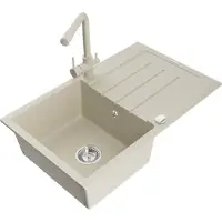Mexen Bruno granieten gootsteen met 1 bak en afdruiprek en Duero keukenmengkraan, beige - 6513-69-671600-69