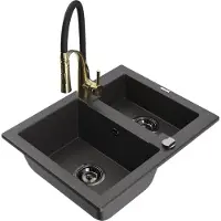 Mexen Carlos granieten spoelbak 1,5-kamer met keukenmengkraan Aster, zwart gespikkeld - 6518-76-73450-57-B