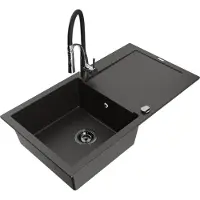Mexen Leo granieten spoelbak met 1 bak met afdruiprek en keukenkraan Aster, zwart/gouden metallic - 6501-75-73450-07-B