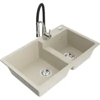 Mexen Tomas granieten spoelbak met 2 kamers en keukenkraan Aster, beige - 6516-69-73450-07