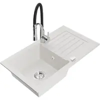 Mexen Pablo granieten gootsteen 1-baks met afdruiprek en keukenmengkraan Aster, wit - 6510-20-73450-07