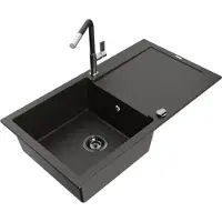 Mexen Leo granieten gootsteen 1-kamer met afdruiprek en keukenmengkraan Flora, zwart/gouden metallic - 6501-75-670401-07-B