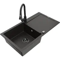 Mexen Leo granieten gootsteen 1-kamer met afdruiprek en keukenmengkraan Elia, zwart/gouden metallic - 6501-75-670101-70-B