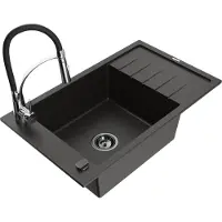 Mexen Elias granieten gootsteen 1-komorige met afdruiprek en keukenmengkraan Aster, zwart/goud metallic - 6511-75-73450-07-B