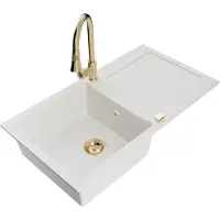 Mexen Leo granieten spoelbak 1-komor met afdruiprek en keukenmengkraan Elia, wit - 6501-20-670101-50