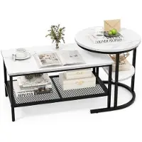 Helloshop26 Salontafel set - - Rechthoekig en rond - Nepmarmeren bladen - Metalen frame - Set van 2