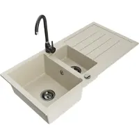 Mexen Andres granieten spoelbak 1,5-komorige met afdruiprek en Telma keukenmengkraan, beige - 6515-69-670200-70