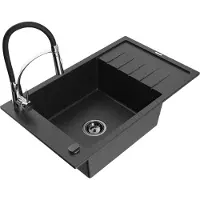 Mexen Elias granieten gootsteen 1-komers met afdruiprek en keukenmengkraan Aster, zwart/zilver metallic - 6511-73-73450-07-B