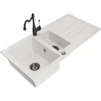 Mexen Andres granieten spoelbak 1,5-komoriig met druiprek en keukenkraan Carla, wit - 6515-20-670700-70