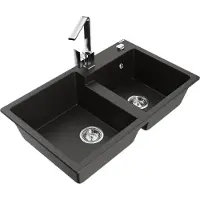 Mexen Tomas granieten gootsteen met 2 kuipen en keukenmengkraan Rita, zwart/goud metallic - 6516-75-670300-00