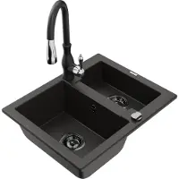 Mexen Carlos granieten spoelbak 1,5-komorige met keukenkraan Savita, zwart/gouden metallic - 6518-75-672601-70-B