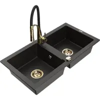 Mexen Mario granieten gootsteen met 2 kamers en keukenmengkraan Aster, zwart/goud metallic - 6504-75-73450-57-G