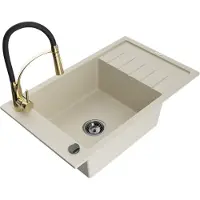 Mexen Elias granieten spoelbak met 1 bak en afdruiprek en keukenmengkraan Aster, beige - 6511-69-73450-57-B