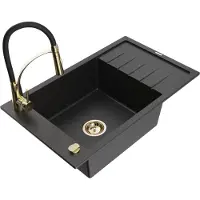 Mexen Elias granieten gootsteen met 1 kom met afdruiprek en keukenmengkraan Aster, zwart/zilver metallic - 6511-73-73450-57-G