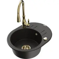 Mexen Kevin granieten spoelbak 1-komorig met afdruiprek en keukenkraan Savita, zwart/goud metallic - 6517-75-672601-50