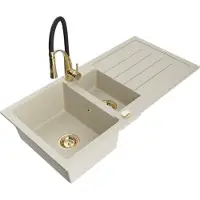 Mexen Andres granieten gootsteen 1,5-kamerig met afdruiprek en keukenmengkraan Aster, beige - 6515-69-73450-57-G