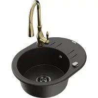 Mexen Kevin granieten gootsteen 1-komerig met afdruiprek en keukenmengkraan Savita, zwart/goud metallic - 6517-75-672601-50-B