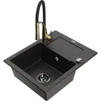Mexen Enzo granieten gootsteen met 1 bak met afdruiprek en Aster keukenkraan, zwart/goud metallic - 6506-75-73450-57-B