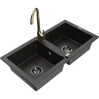 Mexen Mario granieten spoelbak 2-kamer met keukenmengkraan Telma, zwart/goud - 6504-75-670200-50-B