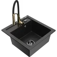 Mexen Vito granieten spoelbak met 1 bak en Aster keukenkraan, zwart/zilver metallic- 6503-73-73450-57-B