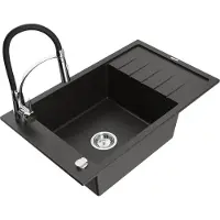 Mexen Elias granieten gootsteen enkelvoudig met afdruiprek en keukenmengkraan Aster, zwart/goud metallic - 6511-75-73450-70