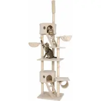 Lionto Kartonnen krabpaal met plafondbevestiging, actieve toren van 230-250 cm met 2 holtes, 2 ligplaatsen, een trap en speelballen, beige kleur