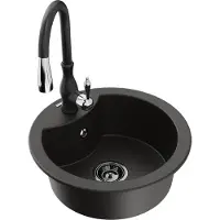 Mexen Diego granieten gootsteen 1-komor met keukenmengkraan Savita, zwart/goud metallic - 6512-75-672601-70-B