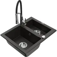 Mexen Carlos granieten spoelbak 1,5-komorige met keukenkraan Aster, zwart/goud metallic - 6518-75-73450-07