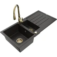 Mexen Andres granieten spoelbak 1,5-komer met afdruiprek en keukenkraan Savita, zwart/goud metallic- 6515-75-672601-50