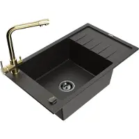Mexen Elias granieten spoelbak 1-komers met afdruiprek en keukenmengkraan Duero, zwart/goud metallic - 6511-75-671600-50-B