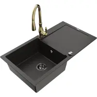 Mexen Leo granieten spoelbak met 1 bak en afdruiprek en keukenmengkraan Savita, zwart/gouden metallic - 6501-75-672601-50-B