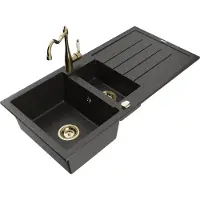 Mexen Andres granieten spoelbak 1,5-komor met afdruiprek en keukenmengkraan Carla, zwart/goud metallic - 6515-75-670700-50