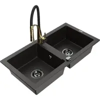 Mexen Mario granieten gootsteen 2-compartimenten met keukenmengkraan Aster, zwart/goud metallic - 6504-75-73450-57-B