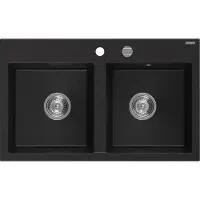 Mexen Hektor granieten spoelbak met 2 spoelbakken 800 x 480 , zwart, sifon chroom - 6521802000-77