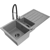 Mexen Andres granieten spoelbak 1,5-komor met afdruiprek en keukenkraan Aster, grijs - 6515-71-73450-07-B