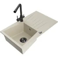 Mexen Cesar granieten gootsteen 1-komor met afdruiprek en keukenmengkraan Duero, beige - 6514-69-671600-70