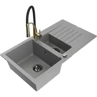 Mexen Matias granieten spoelbak 1,5-baks met afdruiprek en keukenmengkraan Aster, grijs - 6502-71-73450-57-B