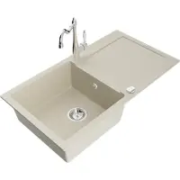 Mexen Leo granieten spoelbak met 1 bak, afdruiprek en Carla keukenkraan, beige - 6501-69-670700-00