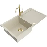 Mexen Leo granieten spoelbak 1-kompartement met afdruiprek en keukenmengkraan Carla, beige - 6501-69-670700-50