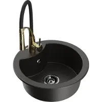 Mexen Diego granieten gootsteen 1-komorige met Astera keukenkraan, zwart/goud metallic - 6512-75-73450-57-B