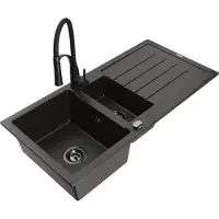 Mexen Andres granieten spoelbak 1,5-komors met afdruiprek en keukenmengkraan Aster, zwart/goud metallic - 6515-75-73450-70-B