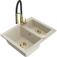 Mexen Carlos granieten gootsteen 1,5-komor met keukenmengkraan Aster, beige - 6518-69-73450-57-G