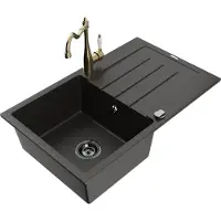 Mexen Bruno granieten gootsteen 1-baks met afdruiprek en keukenkraan Carla, zwart/goud metallic - 6513-75-670700-50-B