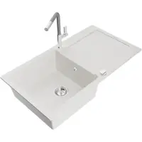 Mexen Leo granieten spoelbak 1-komoers met afdruiprek en keukenmengkraan Flora, wit - 6501-20-670401-06